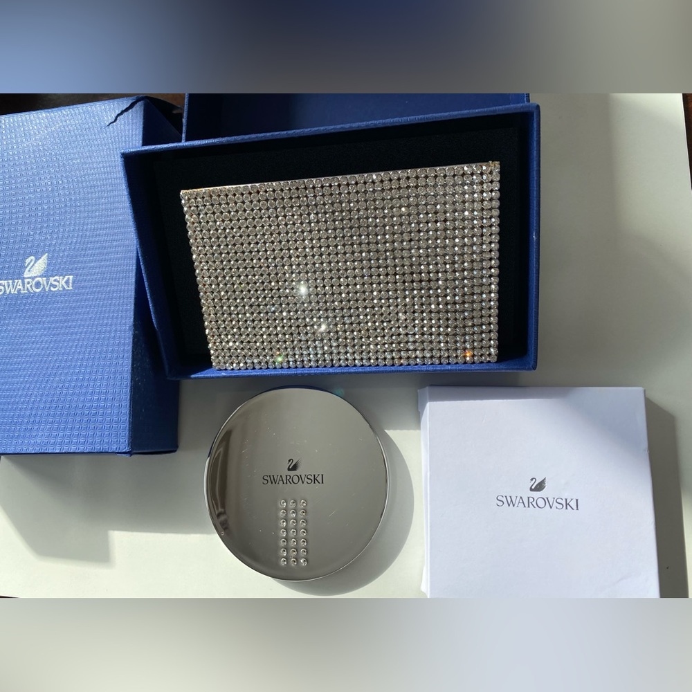 Swarovski Silver Leather with Crystal Pavé stones. Card Holder & Compact Mirror